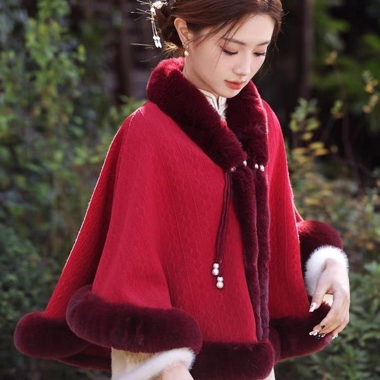 806# New Chinese Style Cheongsam Shawl Pearl Button Cape Thickened Season National Style Fur Collar Cape Shawl