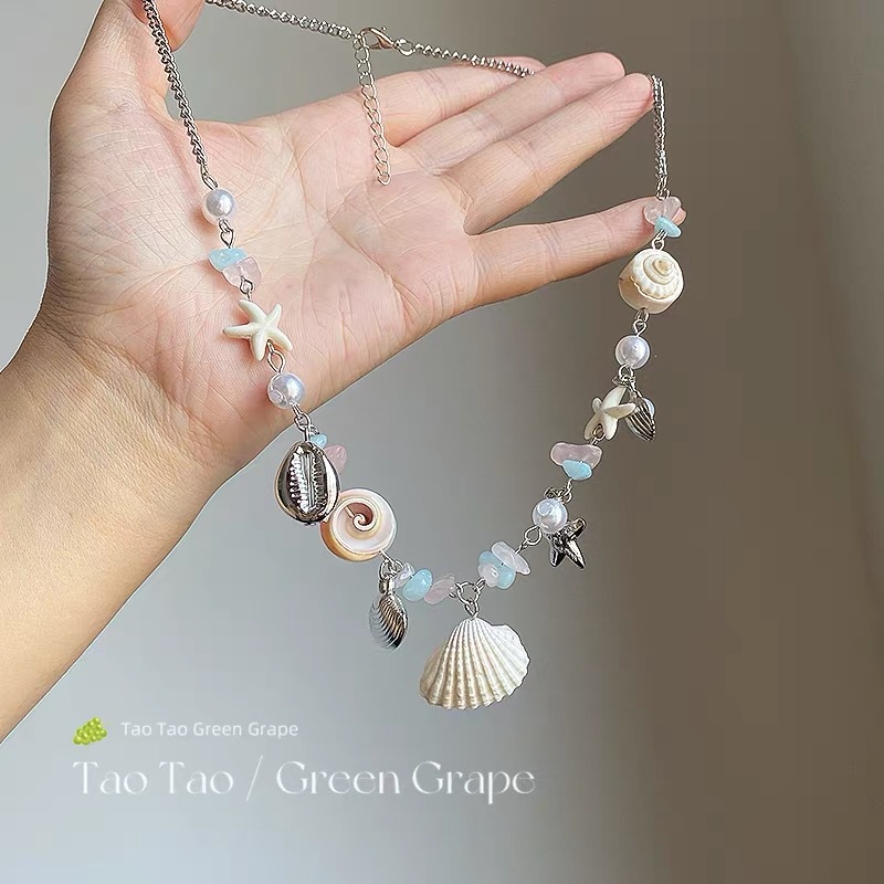 Starfish Shell Pearl Colorful Beaded Necklace Women Beach Vacation Style Collarbone Chain Summer Sweet Cool Necklace Accessories