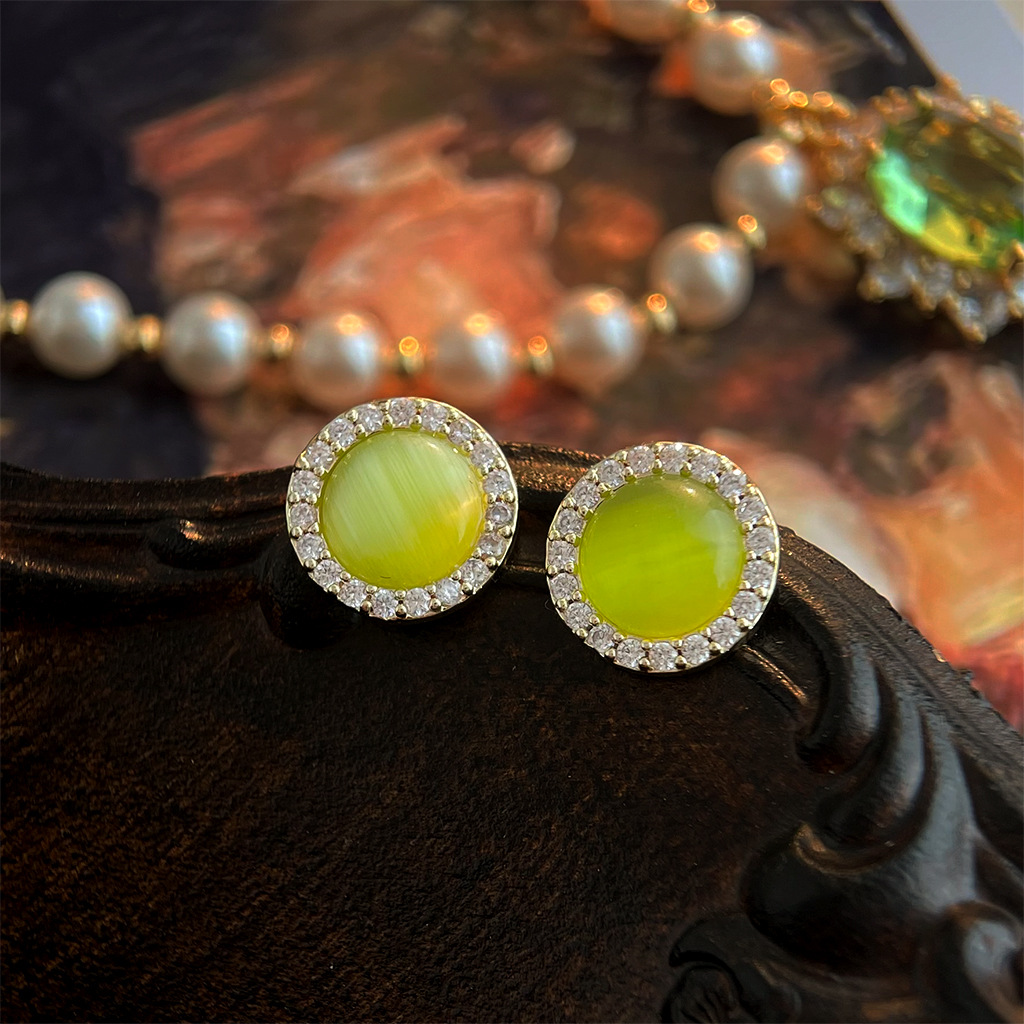 Vintage Retro Colored Gem Green Zircon Earring Collection Court Style Ear Studs Ear Accessories