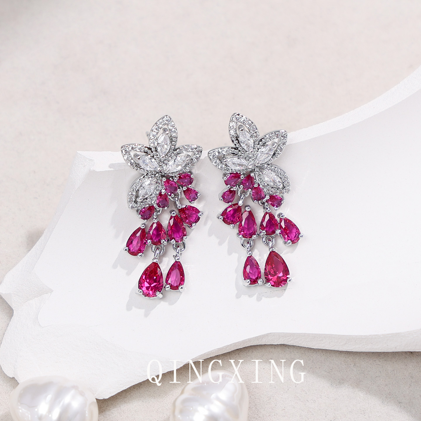Red Corundum Tassel Earrings Heavy Craft Full Diamond Flower Earrings Banquet Dress Earrings Women's