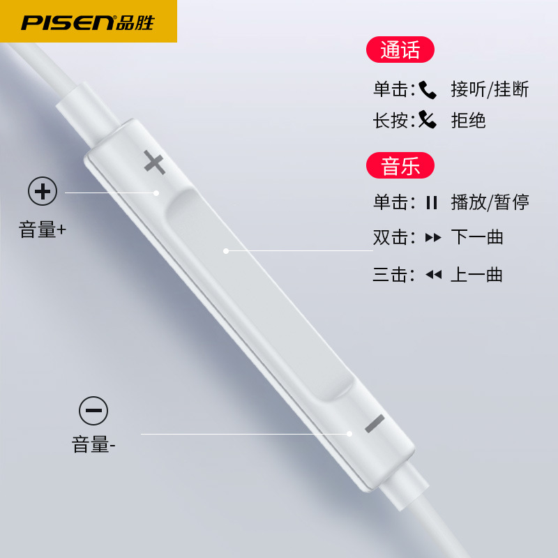 Pisen wired earphones semi-in-ear 3.5mm round plug high sound quality mobile phone in-line control Android sports game