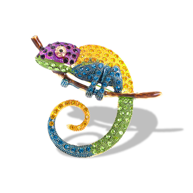 New Rhinestone Colorful Chameleon Brooch Oil Painting Animal Rhinestone Lizard Pin Corsage Accessory