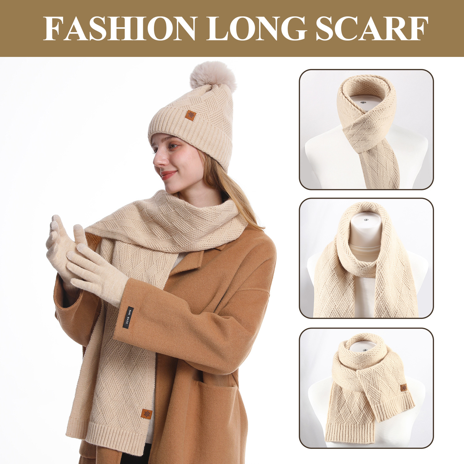 Knitted hat, scarf, and gloves three-piece set for women, outdoor warm double-layer wool knitted hat for cold protection