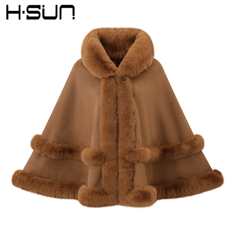 H·SUN Street Style Cape Poncho Cape Suede Fur Trim Warm Fleece Women's 2026 Fur Collar