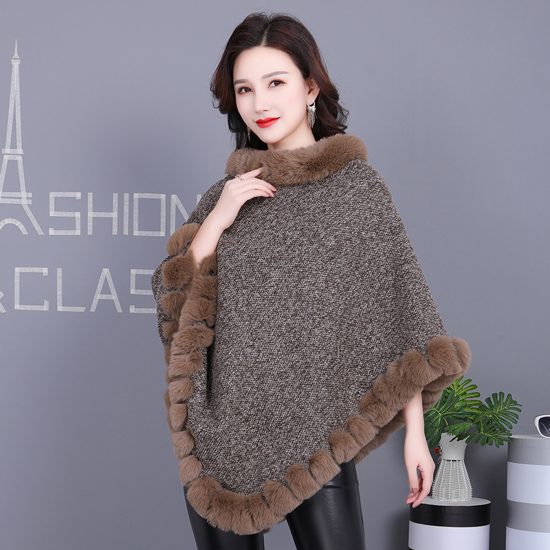 H·SUN Street Style Warp Knit Polyester Fiber Pullover Poncho Cape Imitation Rabbit Fur Collar Scarf Wear
