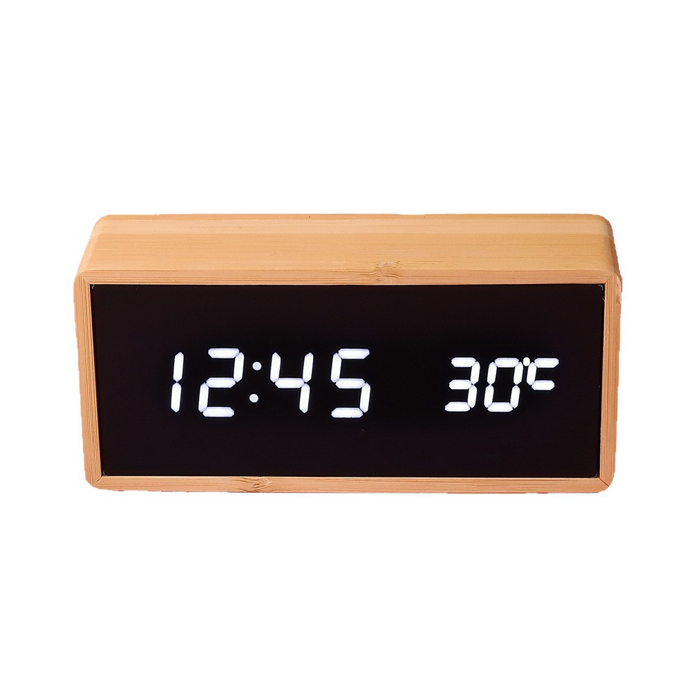 LED wooden mirror surface bamboo shell thermometer electronic clock, home living room decoration alarm clock solid wood
