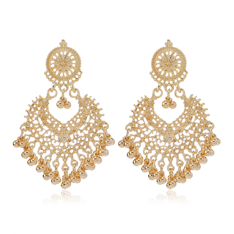 Bohemian ethnic style earrings for women hollow heart ear studs long bell Indian accessory