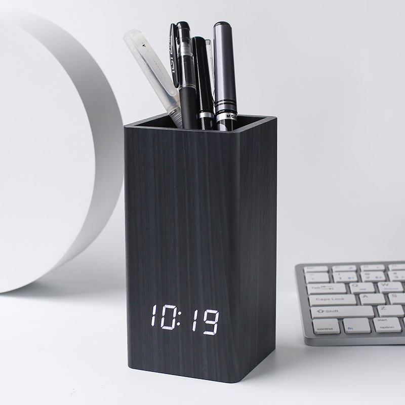 Factory sale office desk storage pen holder wooden clock, desktop silent electronic clock, LED time voice-activated alarm clock