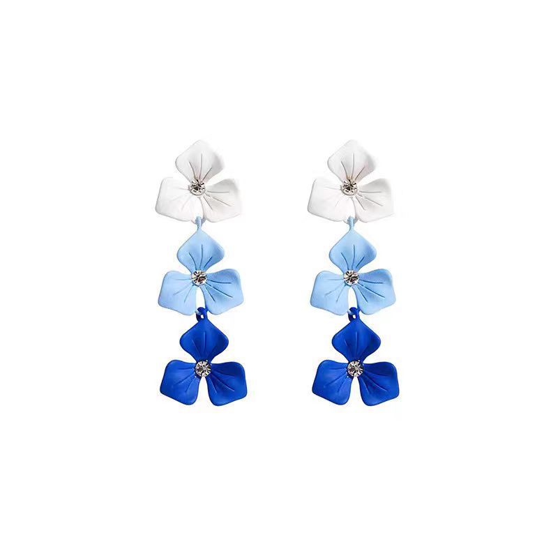 Gradient blue flower earrings women forest style super fairy long tassel 2025 ear accessories