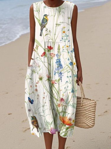 New Amazon Summer Sleeveless Pocket Casual Printed Long Dress Slim Fresh Style