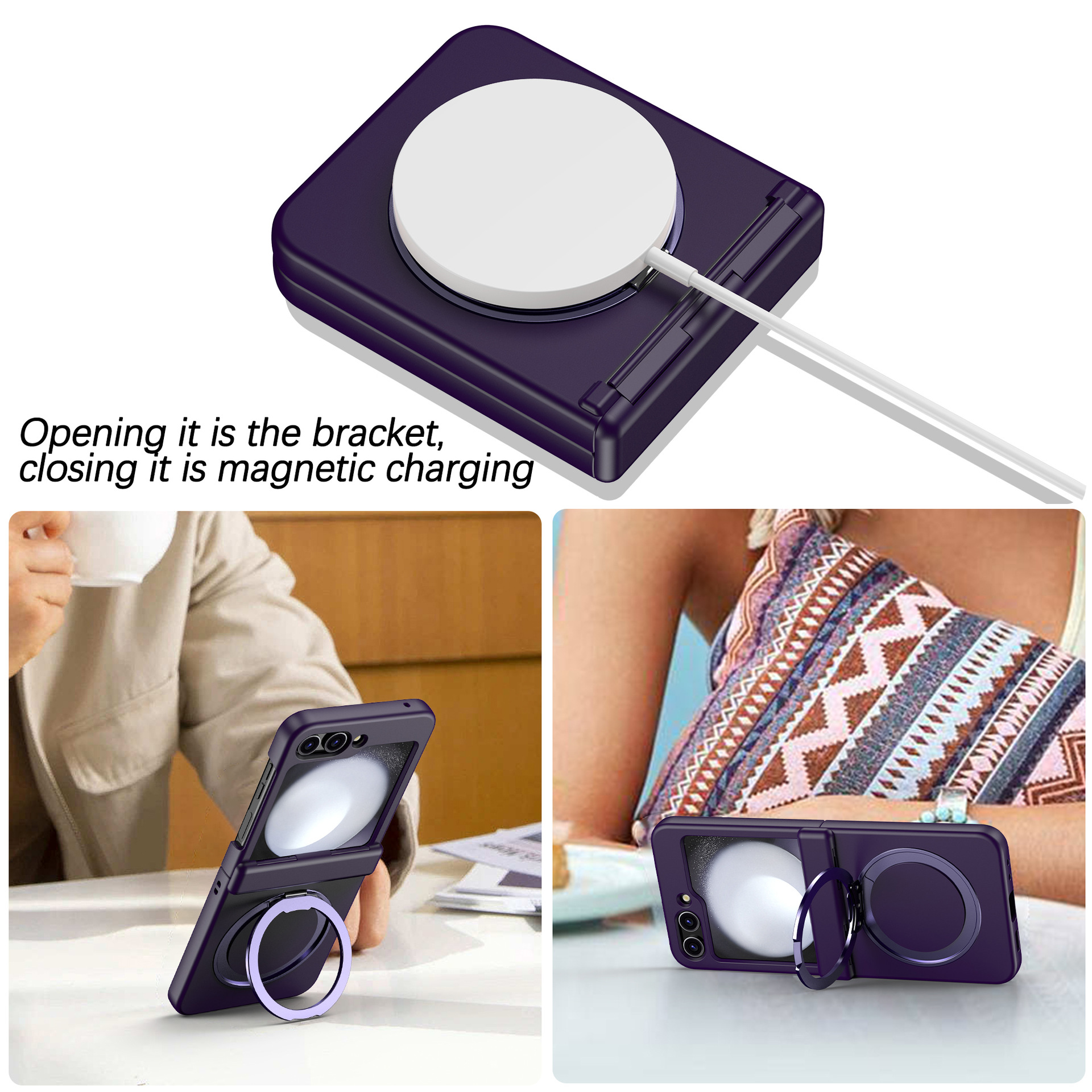 Applicable Samsung Z Flip6/5 Phone Case 360 Rotation Bracket Magnetic Wireless Charging Full Coverage Hinge Anti-Fall