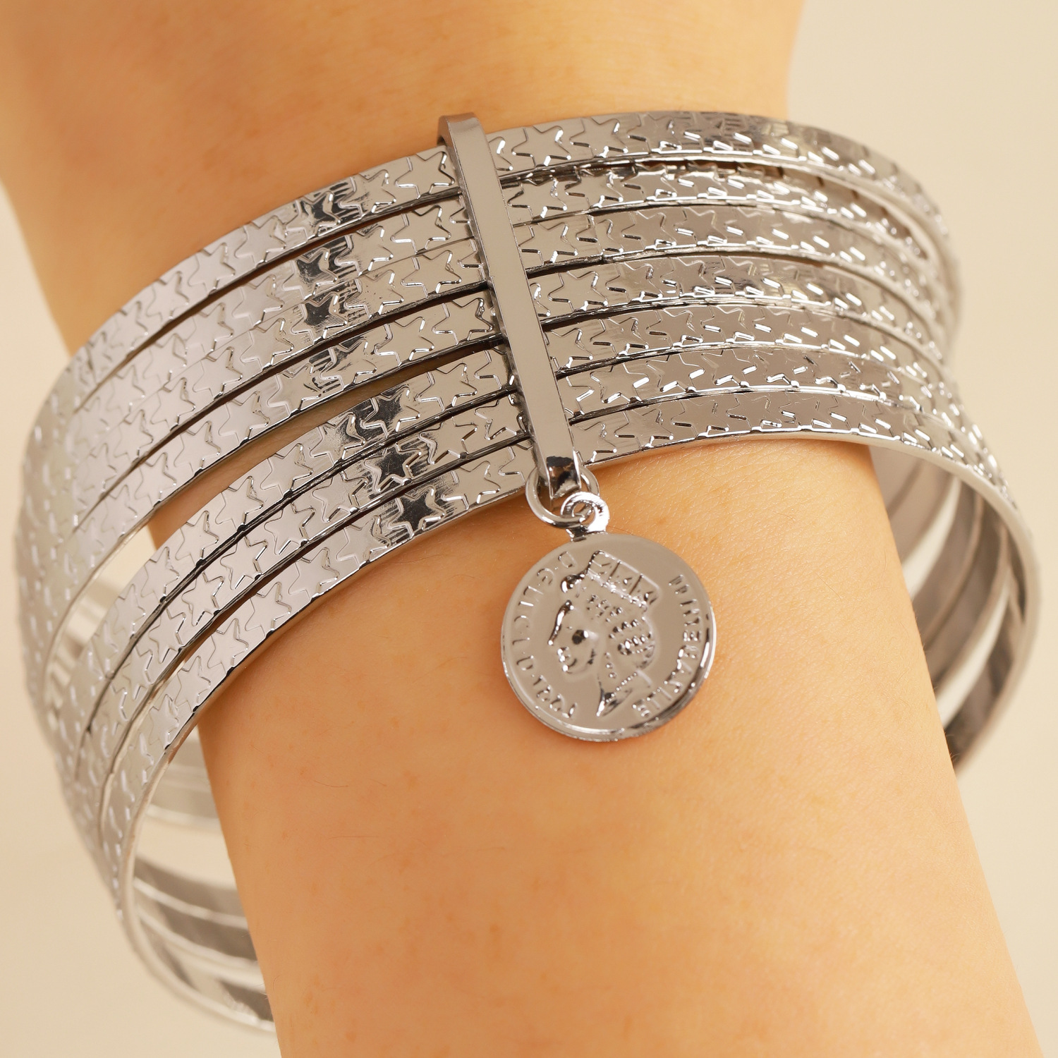 Ethnic Style Alloy Bracelet Wide Bangle Set Women Gold Smooth Bangle Bracelet Ten-Piece Set
