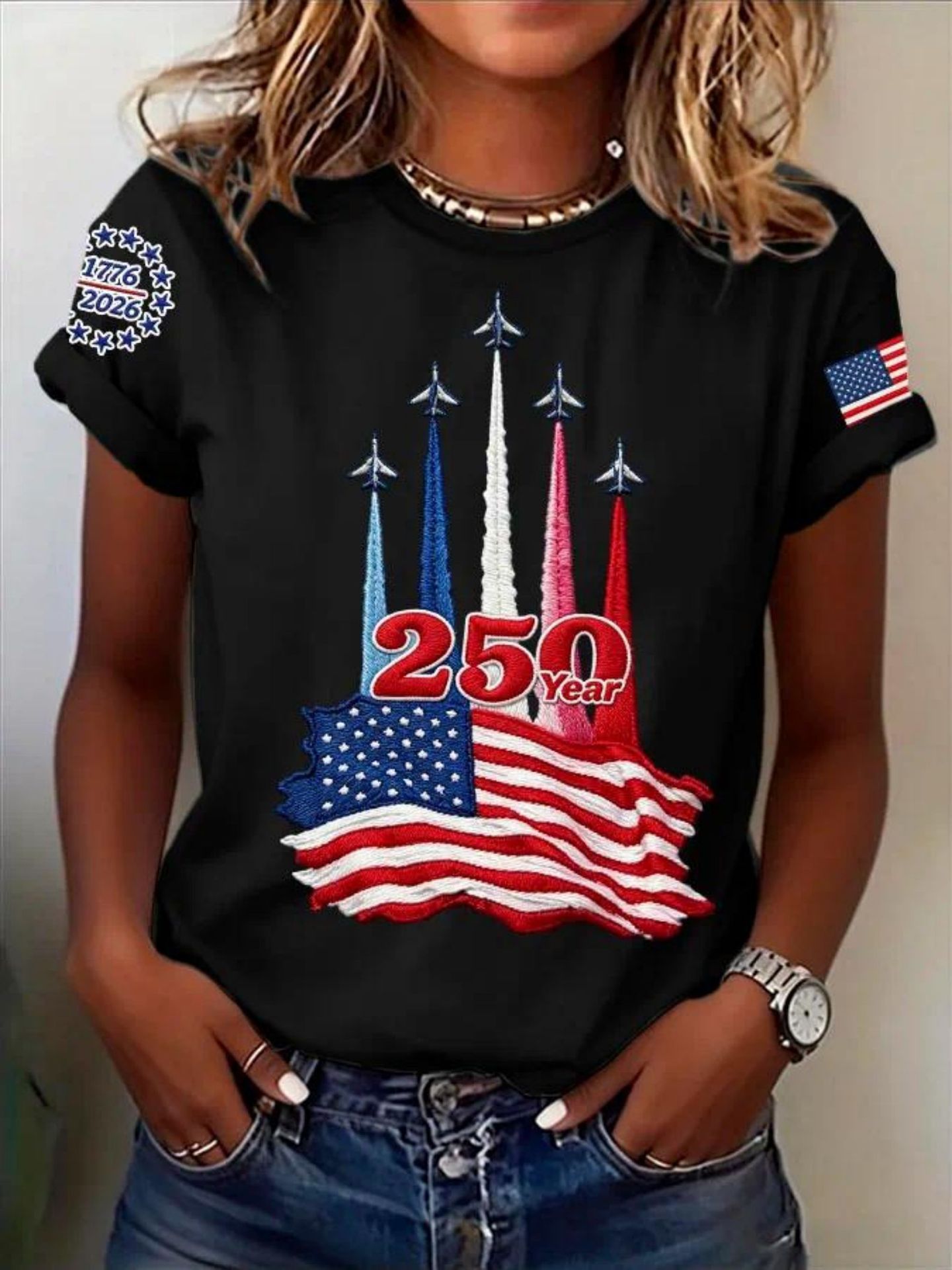 2026 independent station summer new US 250th anniversary flag print T-shirt women