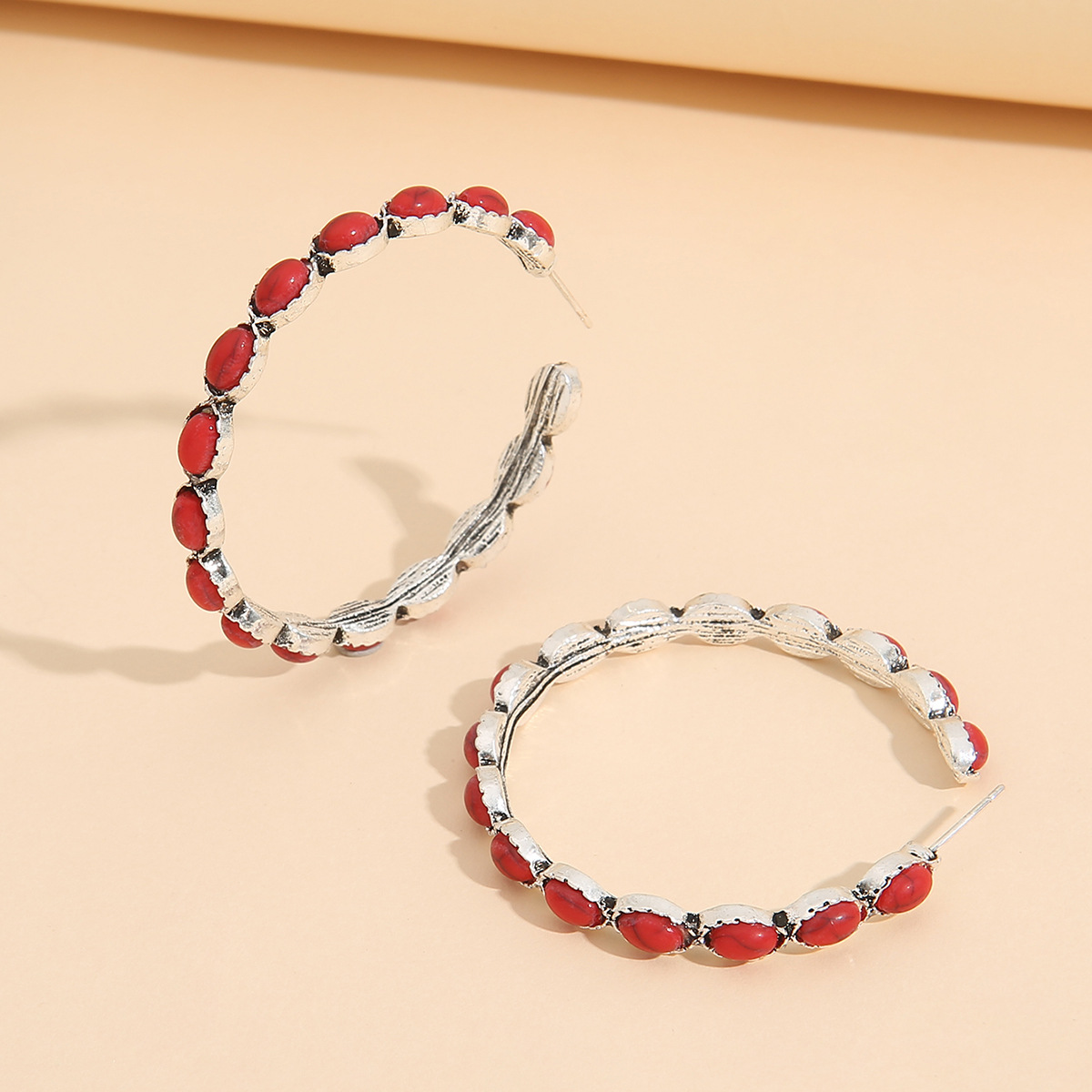 New Geometric Large Circle Inlaid Turquoise Earrings Exaggerated C-Shape Circle Earrings Women