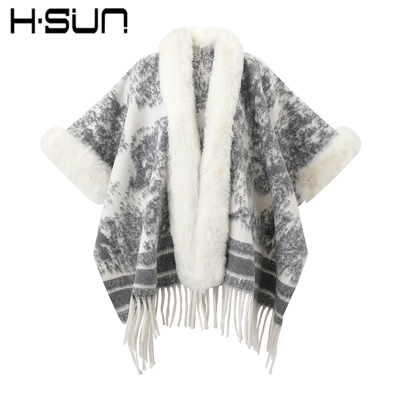 New Knit Cape Poncho Elegant Ethnic Style Fringe Wool Shawl Warm Ethnic Style