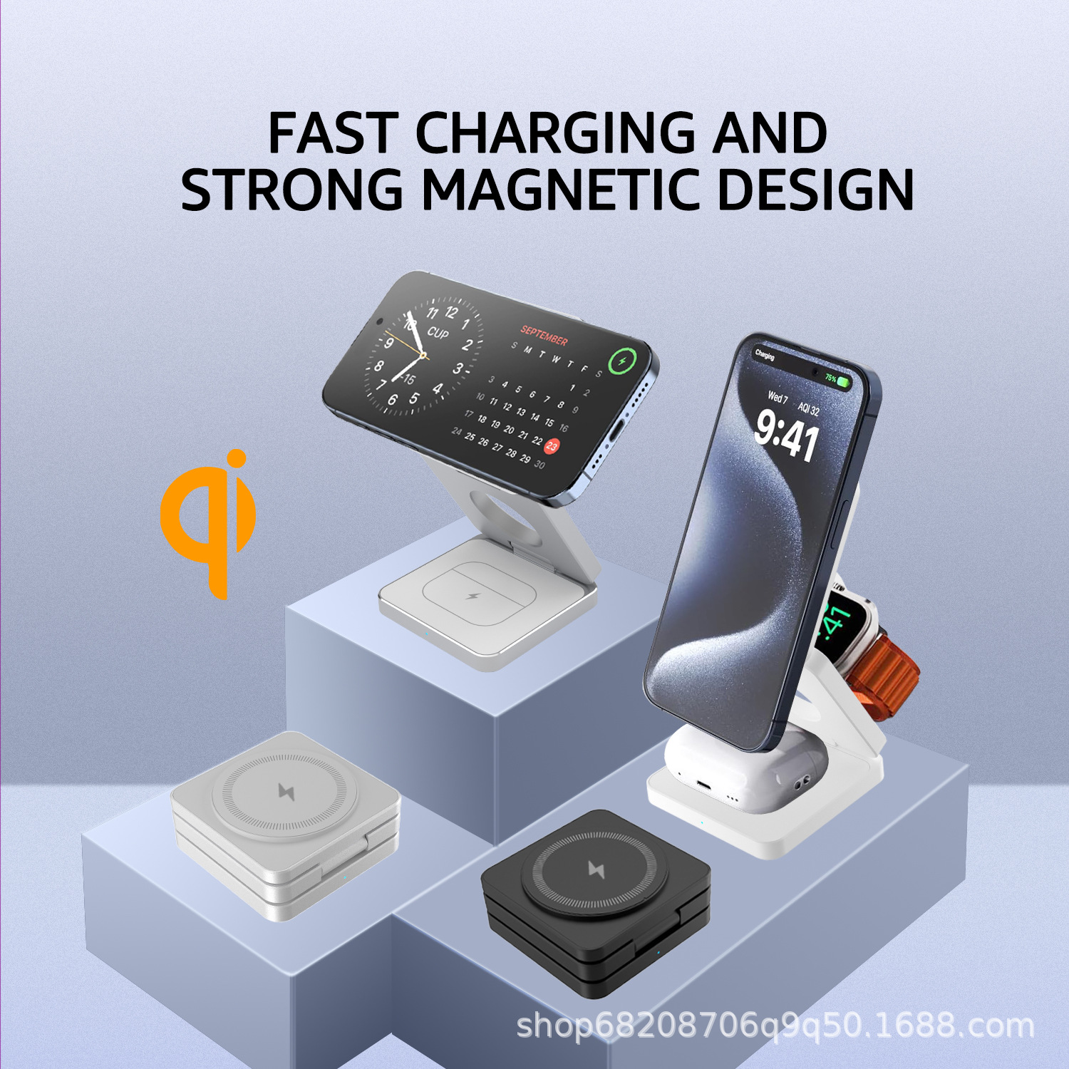 iw30Pro-Qi Version 3-in-1 Foldable Wireless Charger for iPhone, Earphones, Watch, and