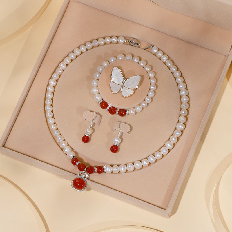 Zhuji Natural Freshwater Pearl Necklace for Women S925 Sterling Silver Three-Piece Set Clavicle Chain Set Mother's Day Gift
