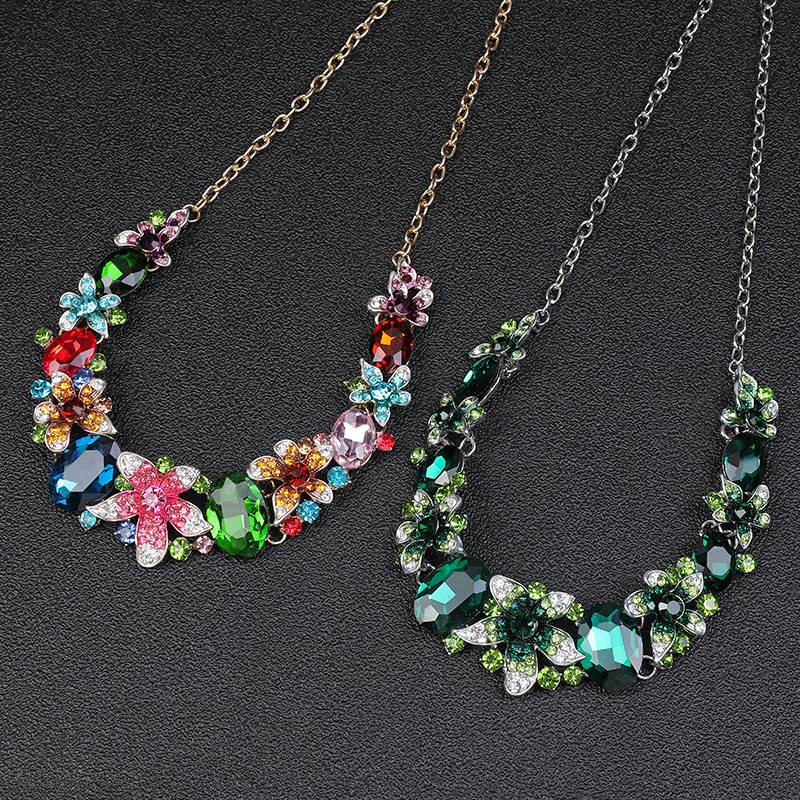 Exaggerated Necklace Earring Two-Piece Crystal Colorful Oil Painting Jewelry Set Straight Hair