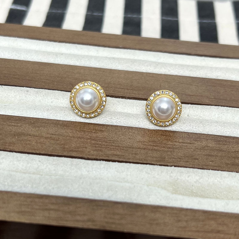 Accessories JV matte gold round diamond inlaid artificial pearl simple ear studs 925 silver pin