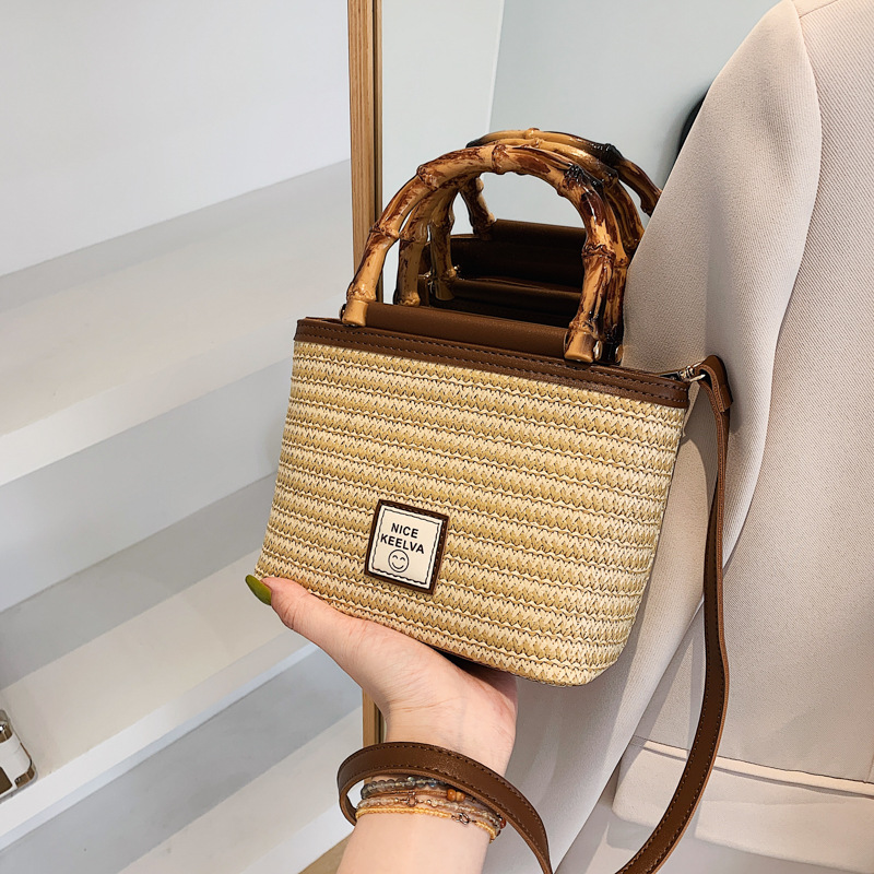 2024 Summer New Textured Bamboo Handle Woven Bag Thailand Travel Vacation Crossbody Straw Bag