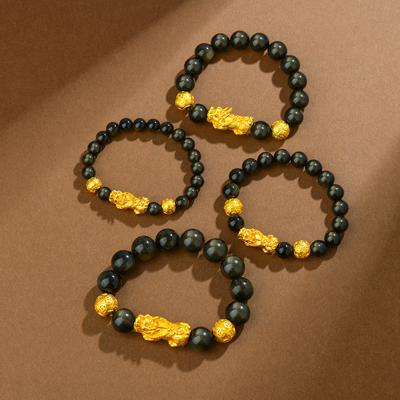 Natural Obsidian Sand Gold Pixiu Bracelet Money Beads Unisex Couple Bracelet Copper Plated Leather