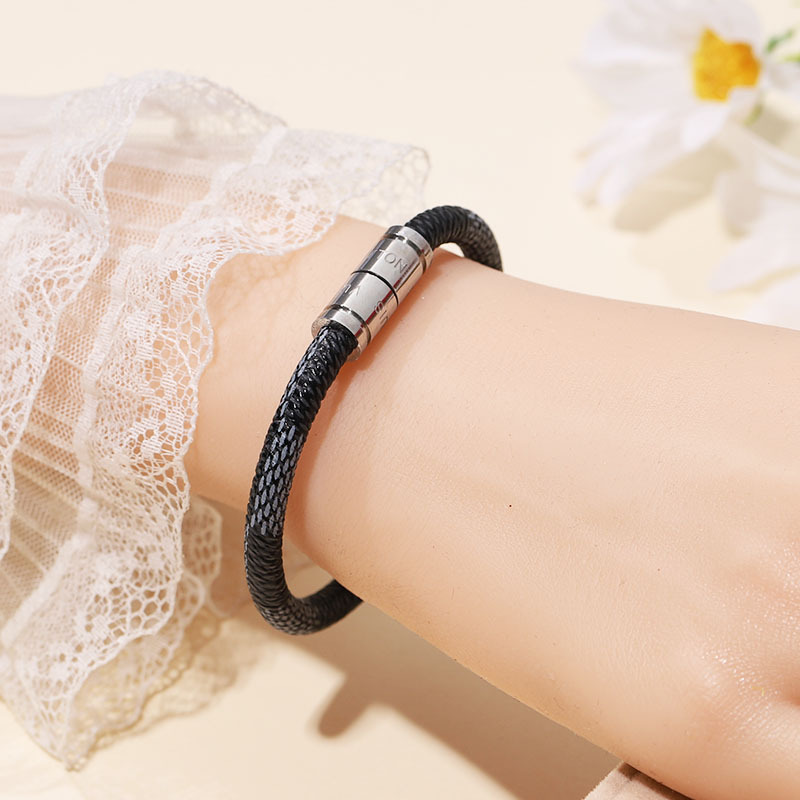 Vintage Pattern Leather Couple Rope Bracelet Stainless Steel Double Magnetic Bangle for Men and Women