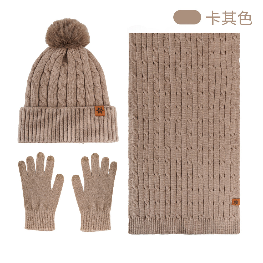Knitted hat, scarf, and gloves three-piece set for women, outdoor warm double-layer wool knitted hat for cold protection