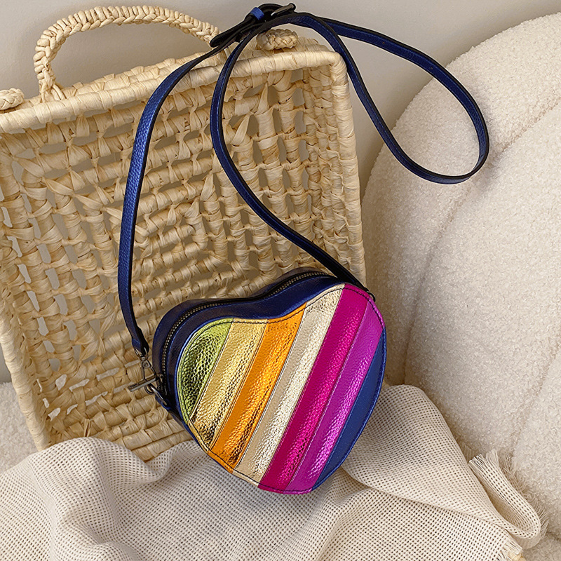 Cute Contrast Color Heart Bag Women's 2024 New Rainbow Splicing Heart Shape Single Shoulder Crossbody Bag