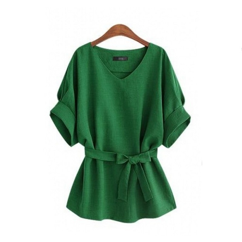 Summer Women's V-neck Linen Short Sleeve Shirt Batwing Sleeve Plus Size Loose Waist Cotton-linen Top