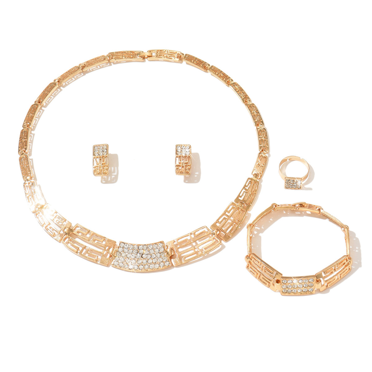 Gold Alloy Hollow Necklace Earrings Bracelet Ring Four-Piece Wedding Banquet Accessories
