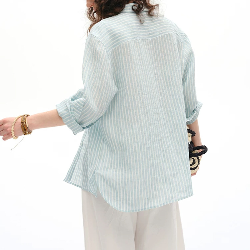 50% Linen 50% Hemp Vertical Stripe Embroidered Shirt Women's Loose Long-Sleeve Blouse Top
