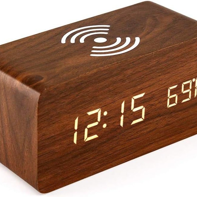 Wireless Charging Alarm Clock Multifunctional Smart LED Electronic Clock Simple Wooden Clock Silent Night Light Clock
