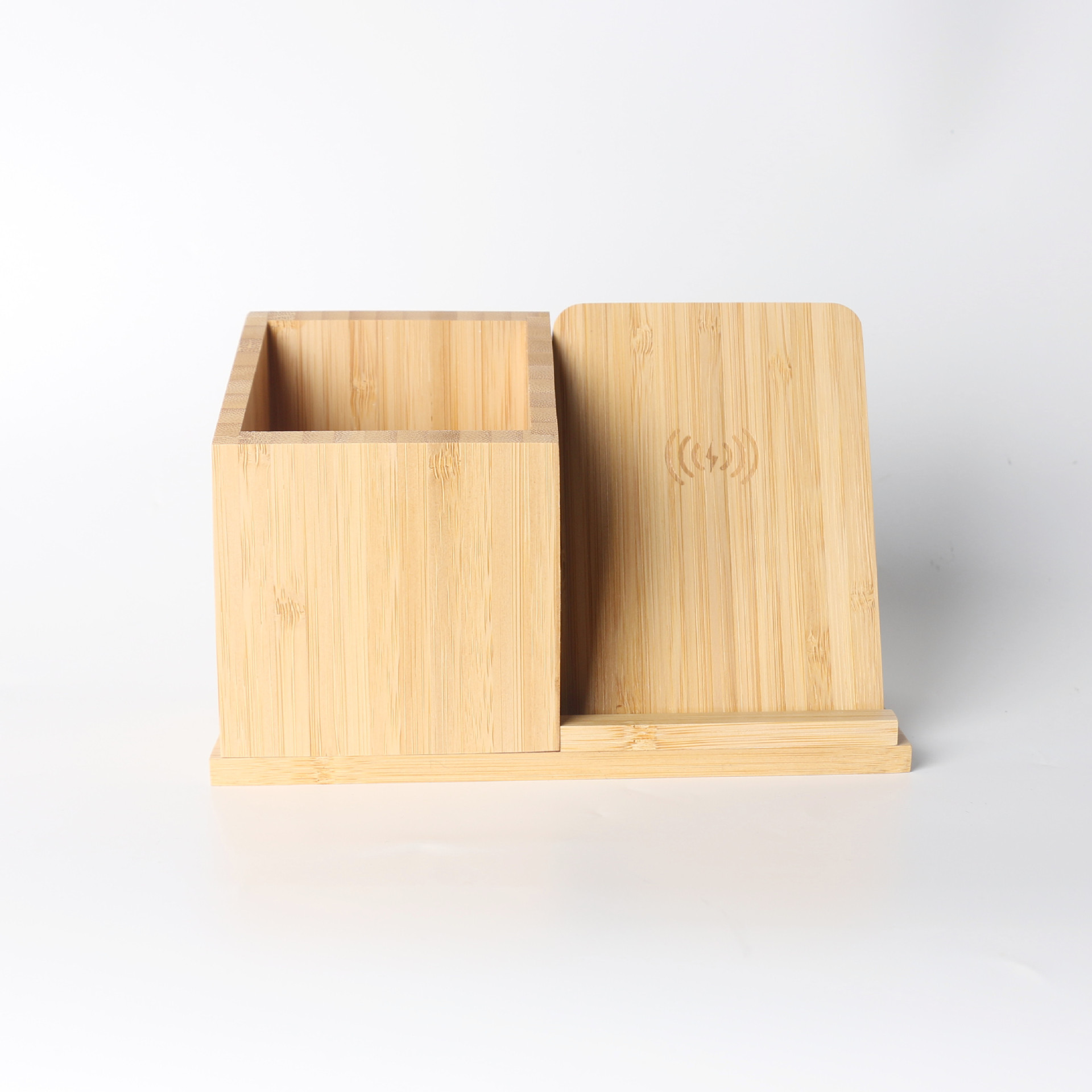 Wooden pen holder storage wireless charger with phone stand new desktop bamboo wood wireless charger