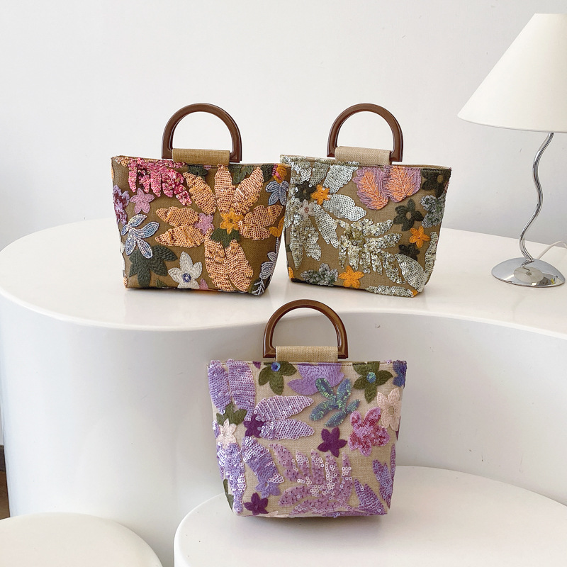 Linen Bamboo Knot Handle Bag 2025 New Chinese Style Women's Flower Large Capacity Handbag