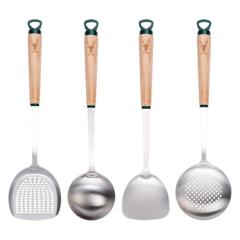 New beech wood handle stainless steel spatula wok spatula soup spoon thickened iron spatula slotted spoon frying spatula household kitchenware set