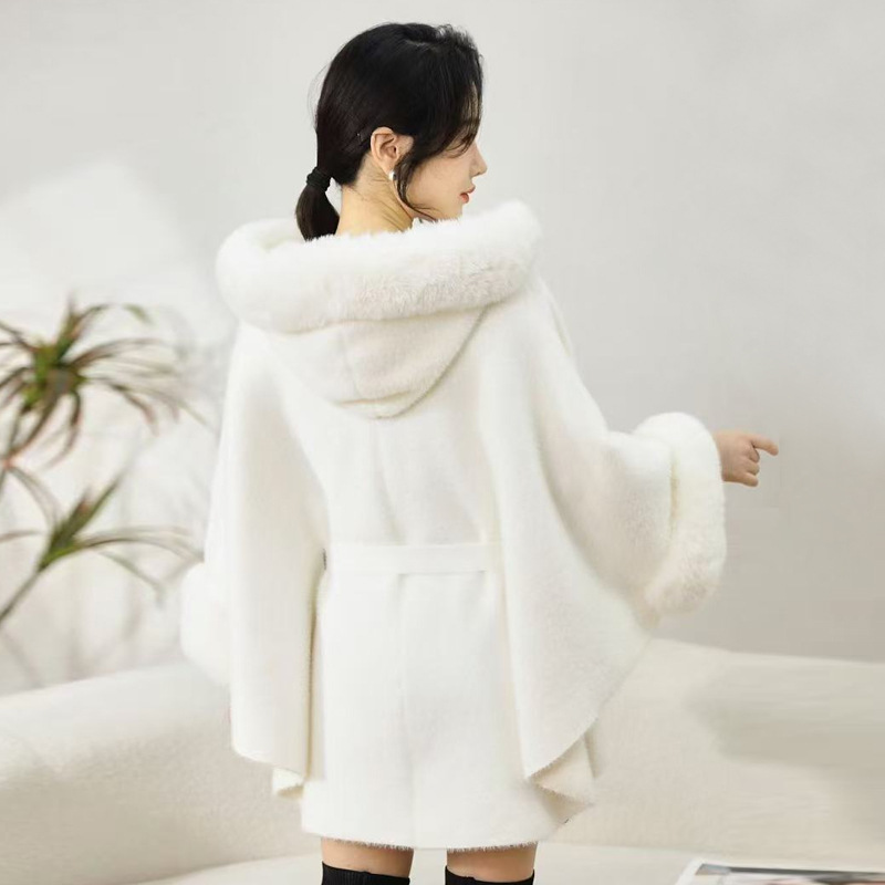 830# Autumn Winter Large Fur Collar Imitation Mink Hood Belt Shawl Knitted Cardigan Coat Cape