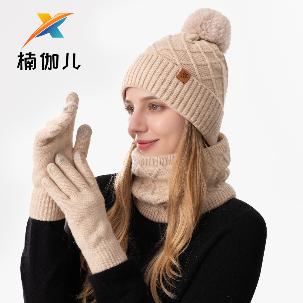 Knitted Hat Gloves Neck Gaiter Women Winter Warm Double-Layer Fleece-Lined Outdoor Cold-Proof Earflap Wool Hat Knit Hat