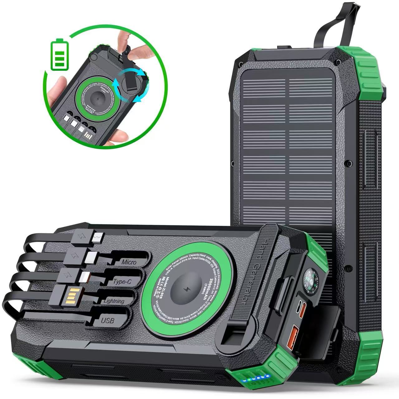 2025 new hand-crank solar charging bank four-line outdoor power bank 20000mAh magnetic wireless