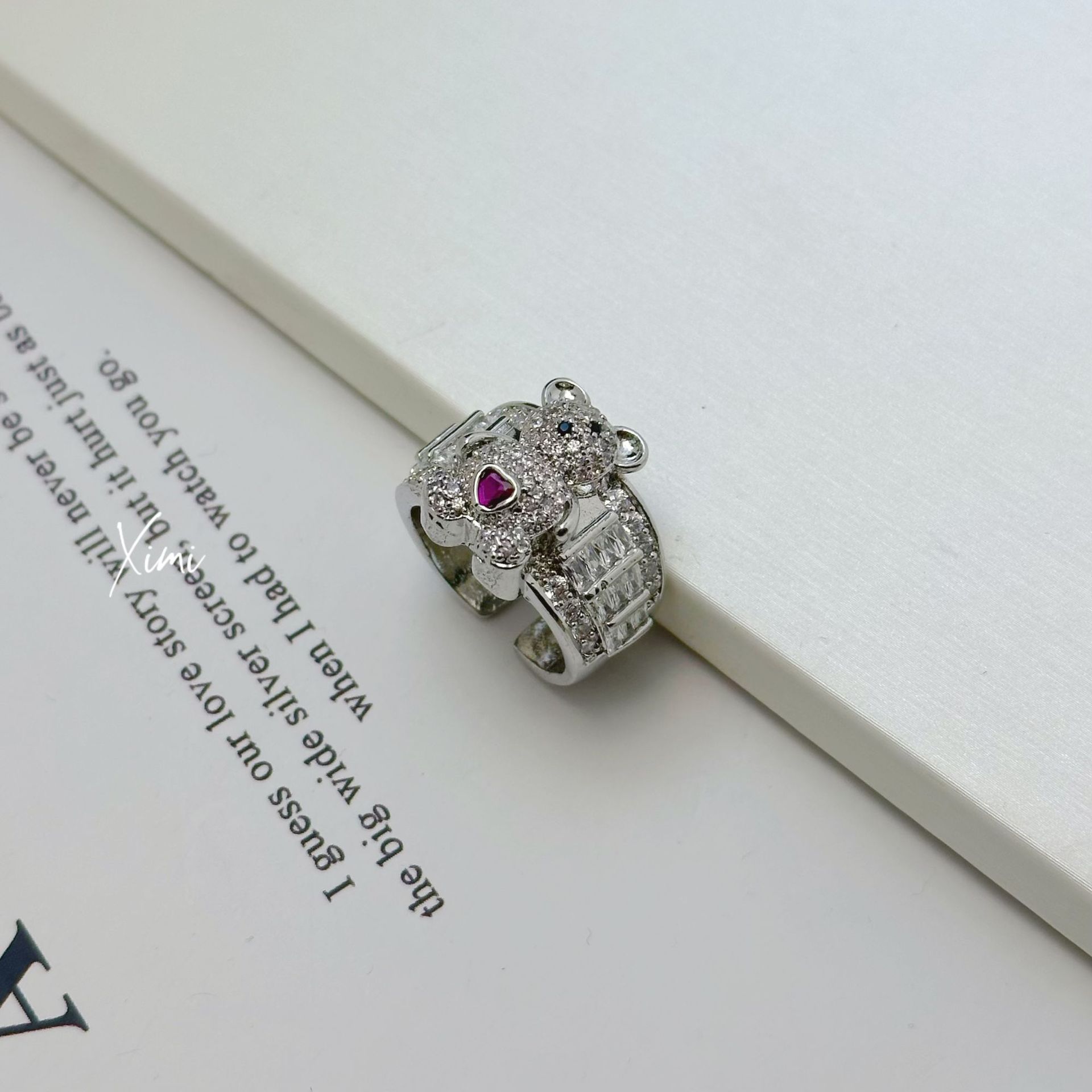 Cute Bear Copper Set Zirconia Women's Adjustable Ring Niche Design Open Band Index Finger Ring