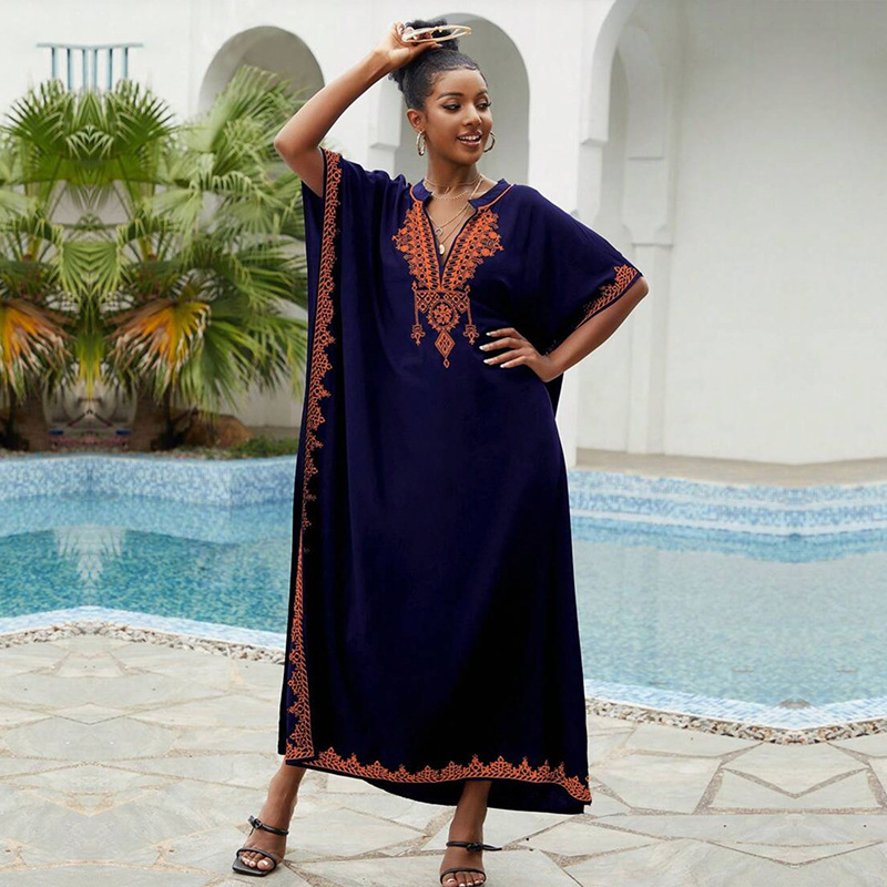New Rayon Loose Plus Size Vacation Beach Cover Up Stand Collar Long Dress Women Bikini Cover Up Swimsuit Outer