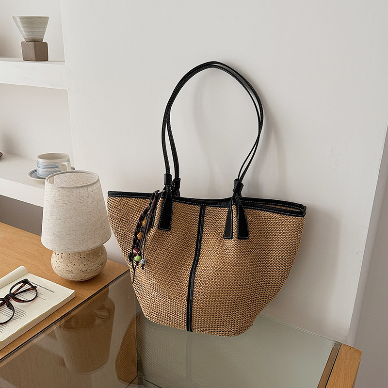 Spring Summer New Travel Beach Large-Capacity Tote Bag Single-Shoulder Woven Tote Vacation Straw Bag for Women