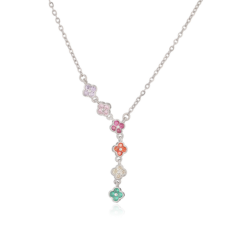 Copper Inlaid Colorful Diamond Four-Leaf Clover Necklace Unique Super Shiny Four-Leaf Flower Tassel Clavicle Chain Choker
