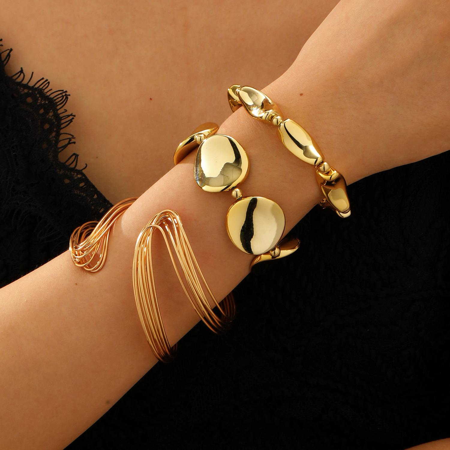 Exaggerated Geometric 3-Piece Bracelet Set Metal Irregular Open Bangle