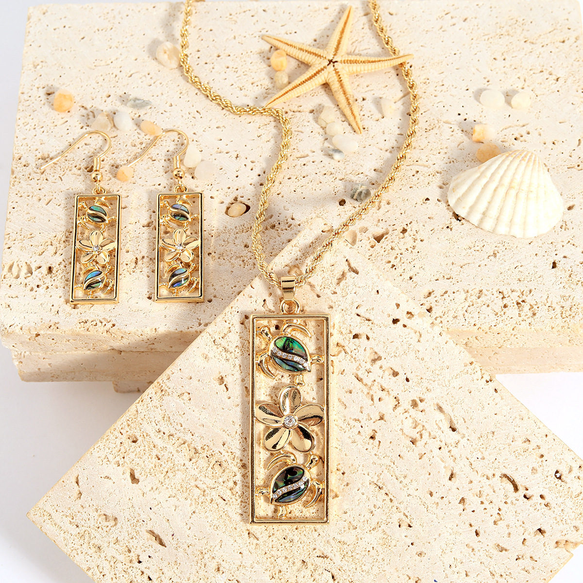Hawaiian Beach Vacation Style Natural Abalone Shell Applique Long Strip Jewelry Set Turtle Frangipani Necklace Set