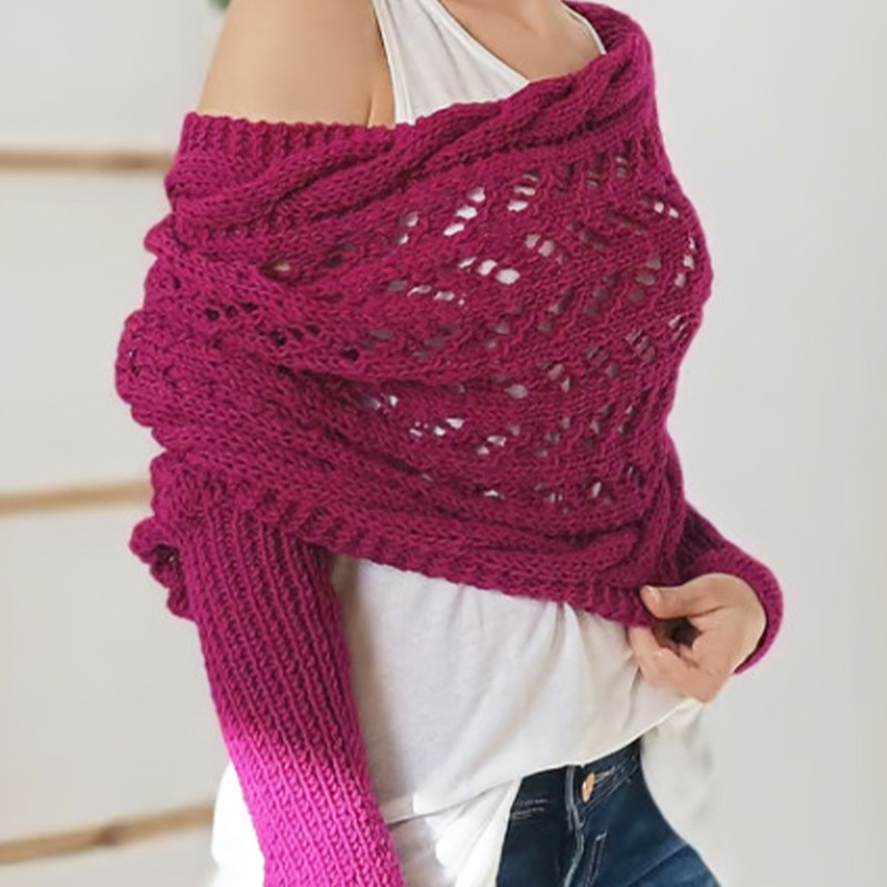 Cross off-shoulder beautiful knitted hollow long-sleeved double-sleeve shawl outer cardigan women