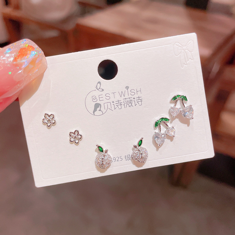High-quality S925 silver needle zircon 6-piece set small earrings, women's simple three pairs of earrings
