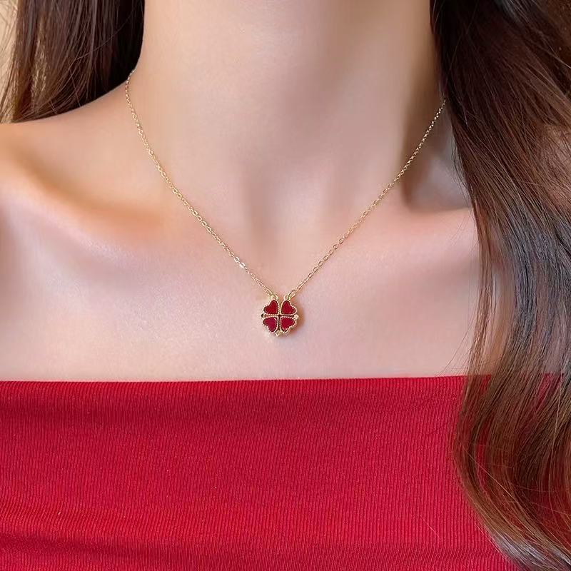 Autumn and winter new one or two wear peach heart clavicle necklace women red heart four-leaf clover necklace neck chain