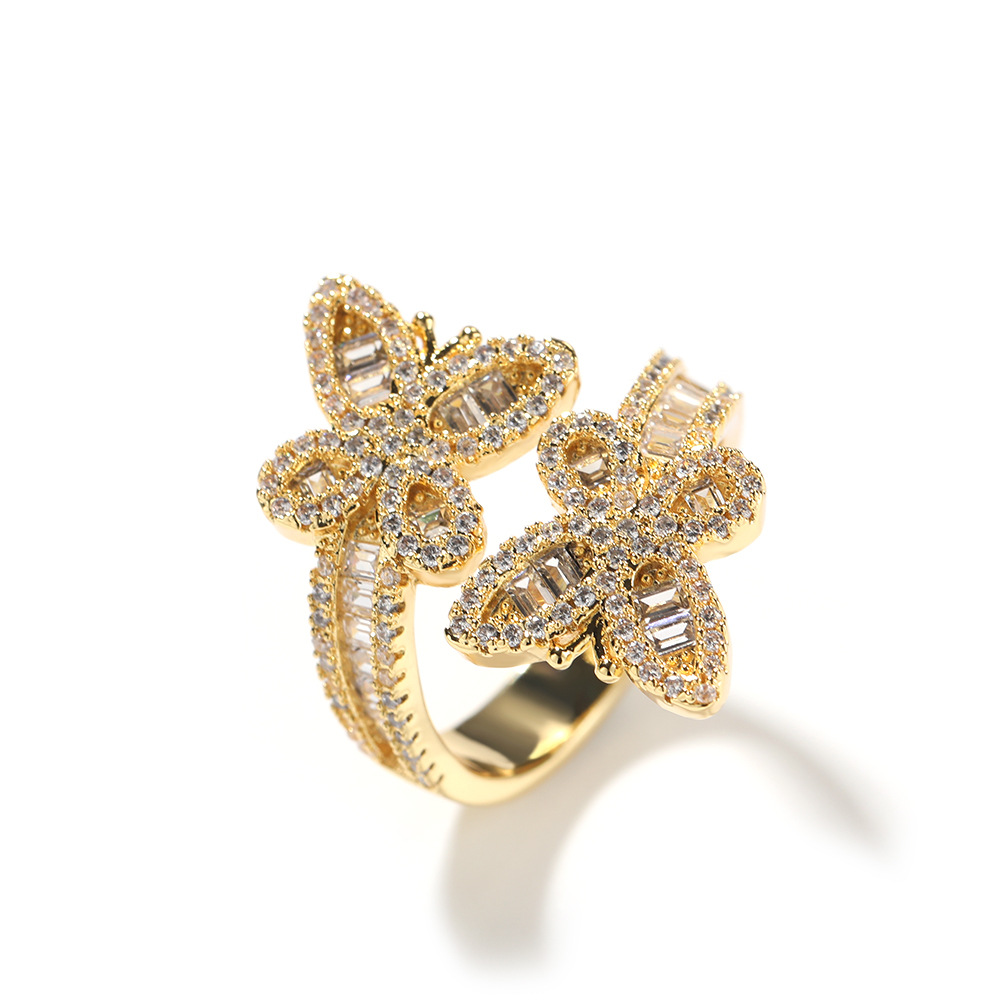 Diamond-studded staggered butterfly open ring unisex hip-hop ring