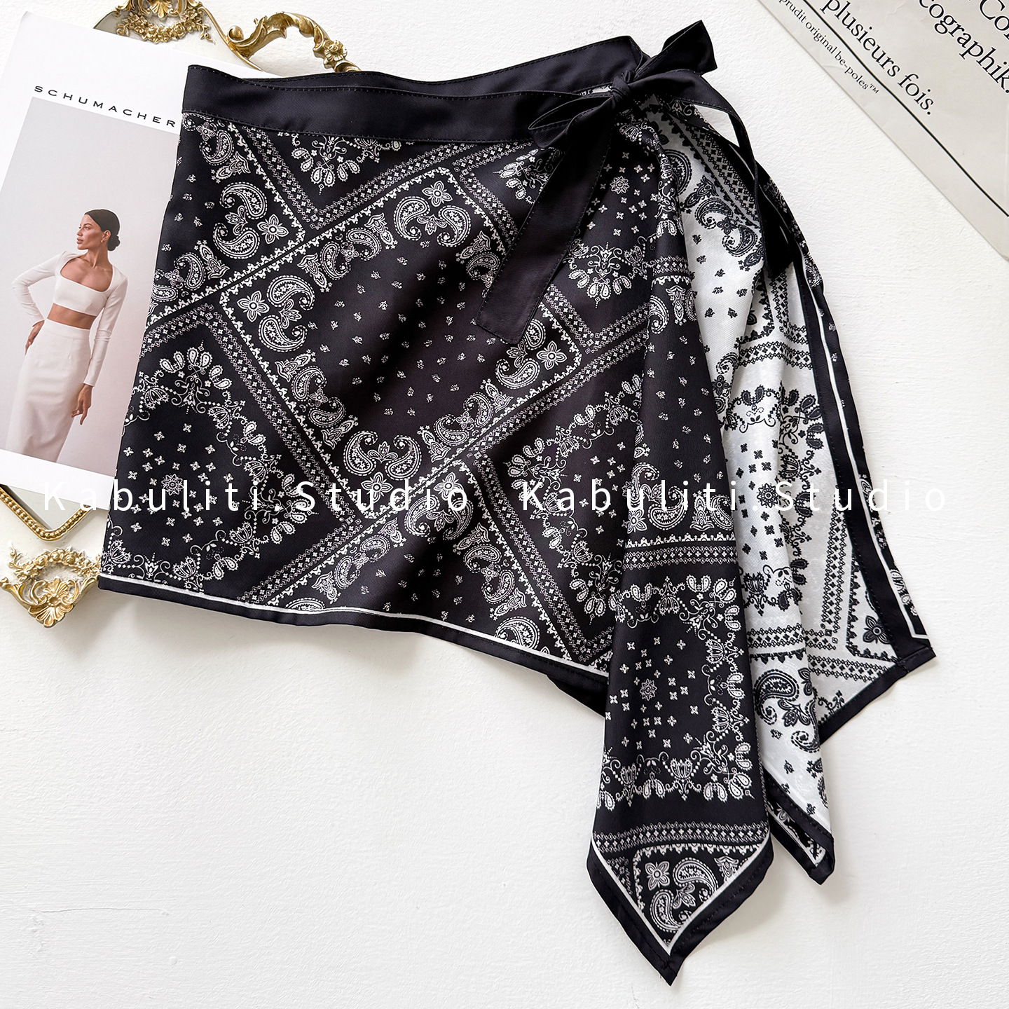 Ethnic style cashew flower layered skirt pants, small triangle denim skirt with belt, thin silk scarf women's half-length skirt