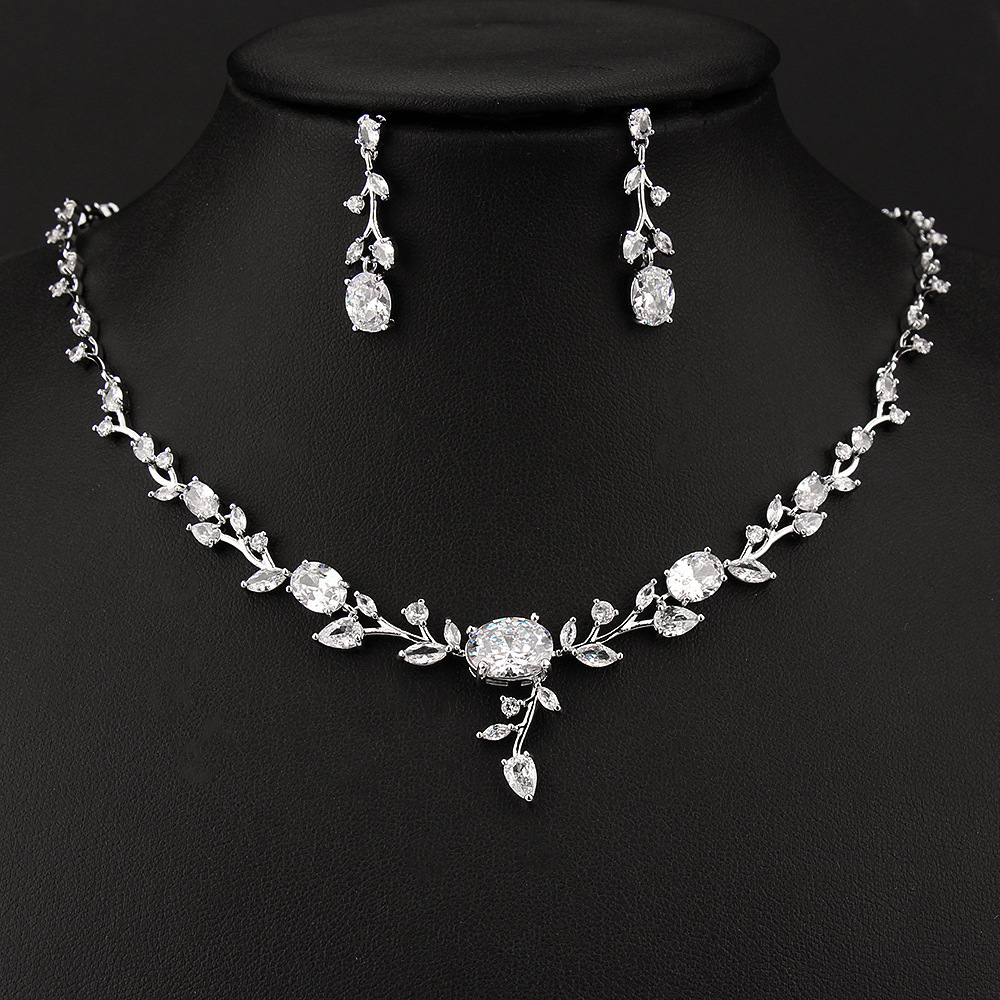 Leaf copper zircon necklace earring jewelry two-piece set bridal accessory gift women